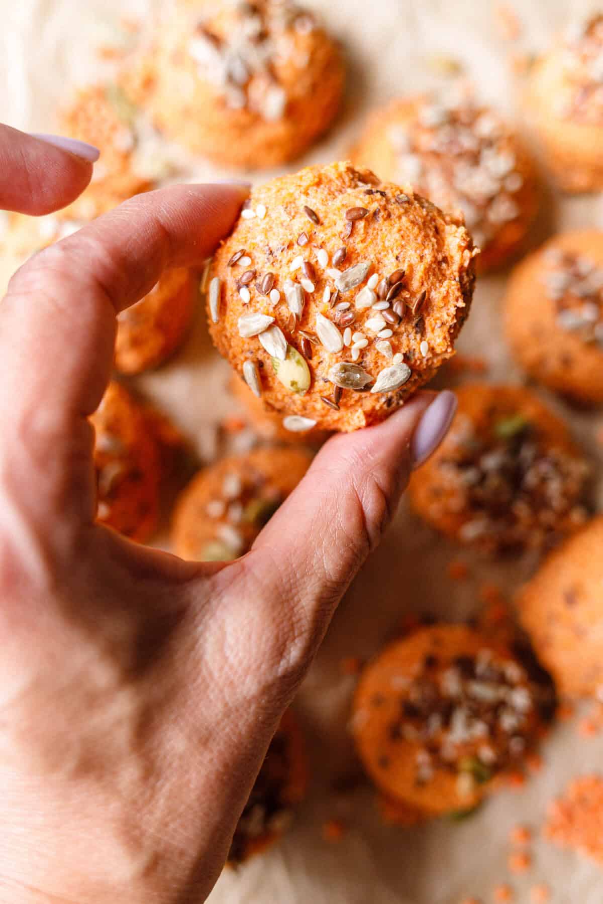 Hand holding a red lentil bun fresh from the oven, seeds visible on top