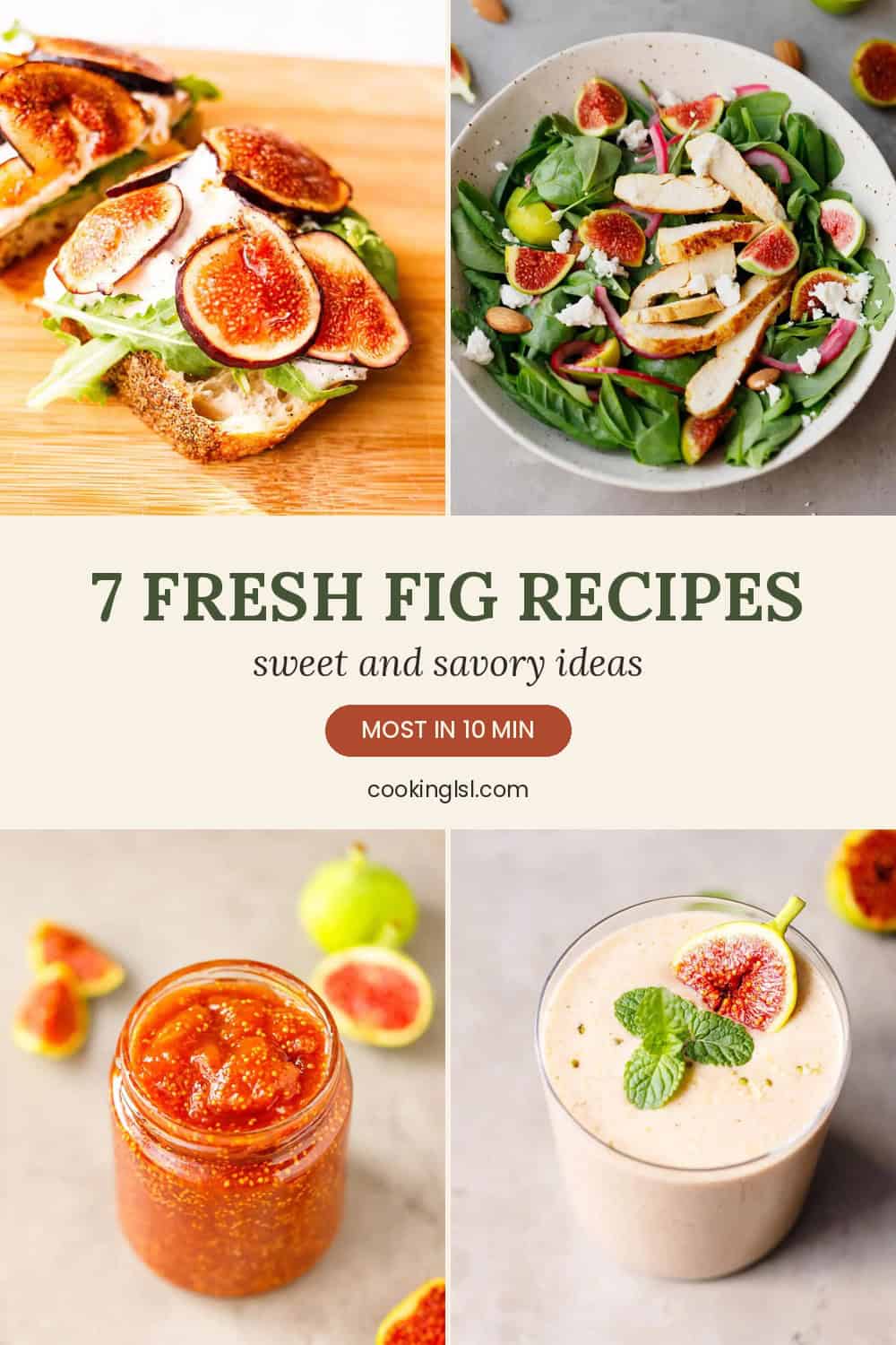 Collage of fresh fig recipes including fig toast with burrata, fig smoothie, fig salad and homemade fig jam