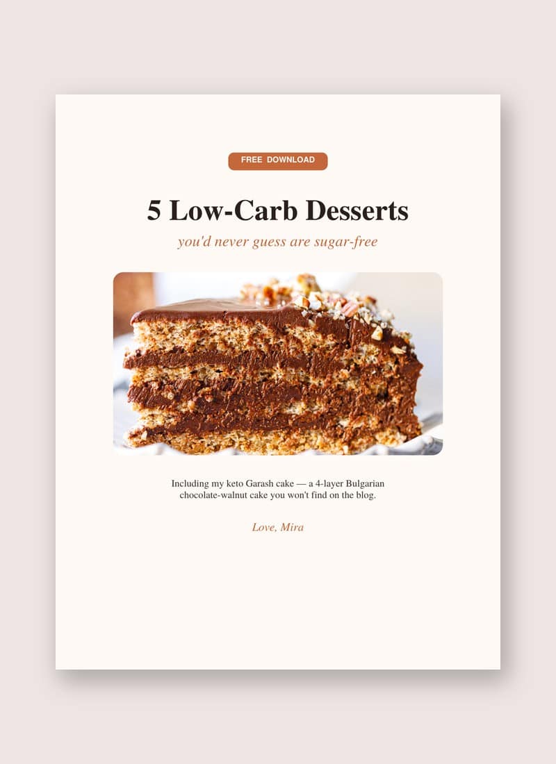 5 Low-Carb Desserts free PDF cover with a slice of keto Garash cake