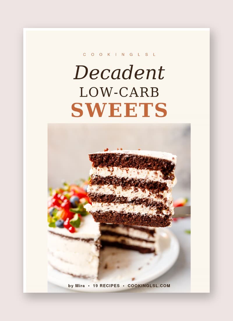 Decadent Low-Carb Sweets ebook cover with a layered chocolate cake