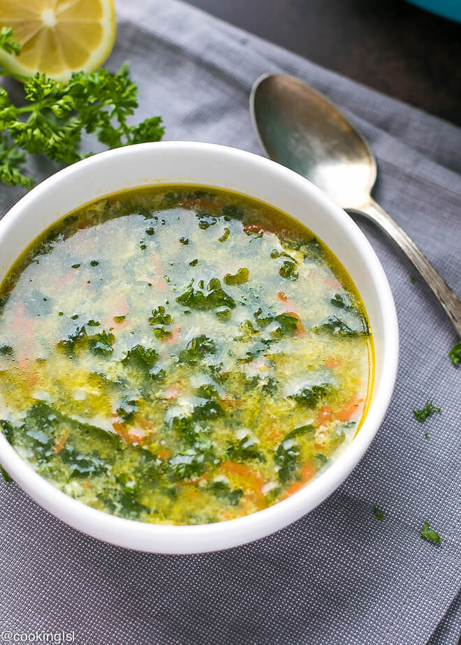 A bowl of superfood rich Bulgarian Egg Drop Soup, great for a chilly winter day, low calorie and low fat. Made with garlic, carrots, stock, spinach and eggs.