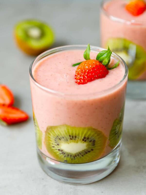 A glass with strawberry smoothie