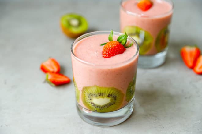 A glass with strawberry smoothie