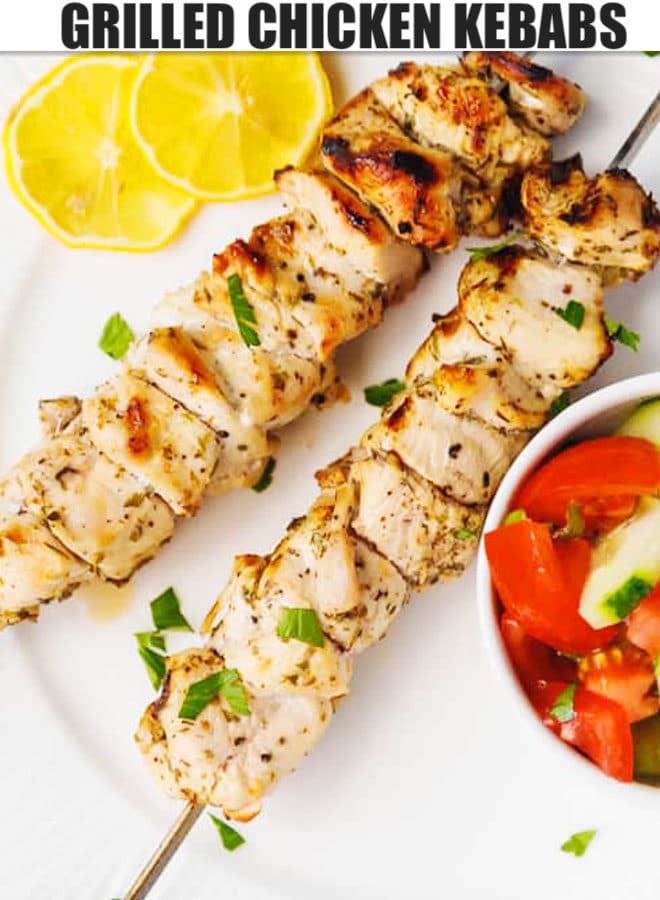 GRILLED CHICKEN KEBABS ON A PLATE