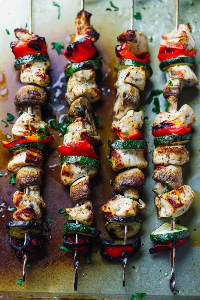 Grilled Chicken Kabobs With Mushrooms, Zucchini And Peppers 