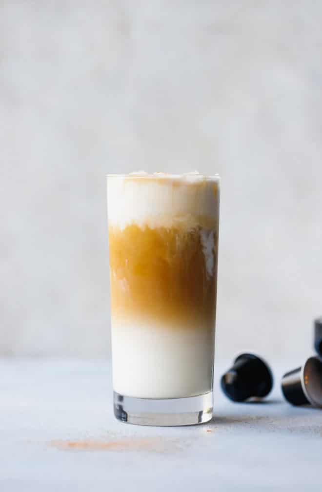 Iced Vanilla Coffee Latte Recipe Using Nespresso in a tall glass