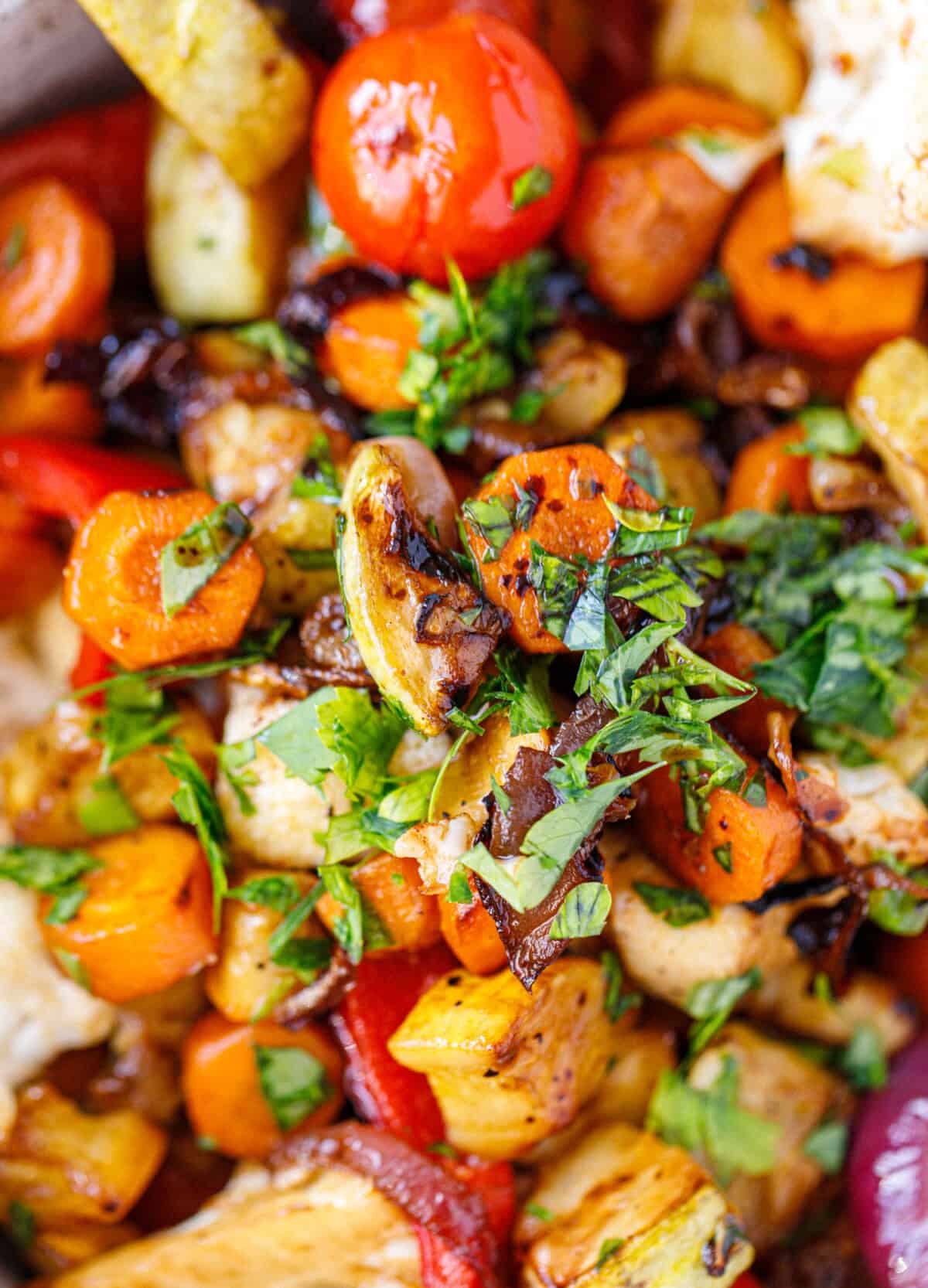 Close-up of balsamic grilled vegetables with carrots, cherry tomatoes, red pepper and fresh herbs