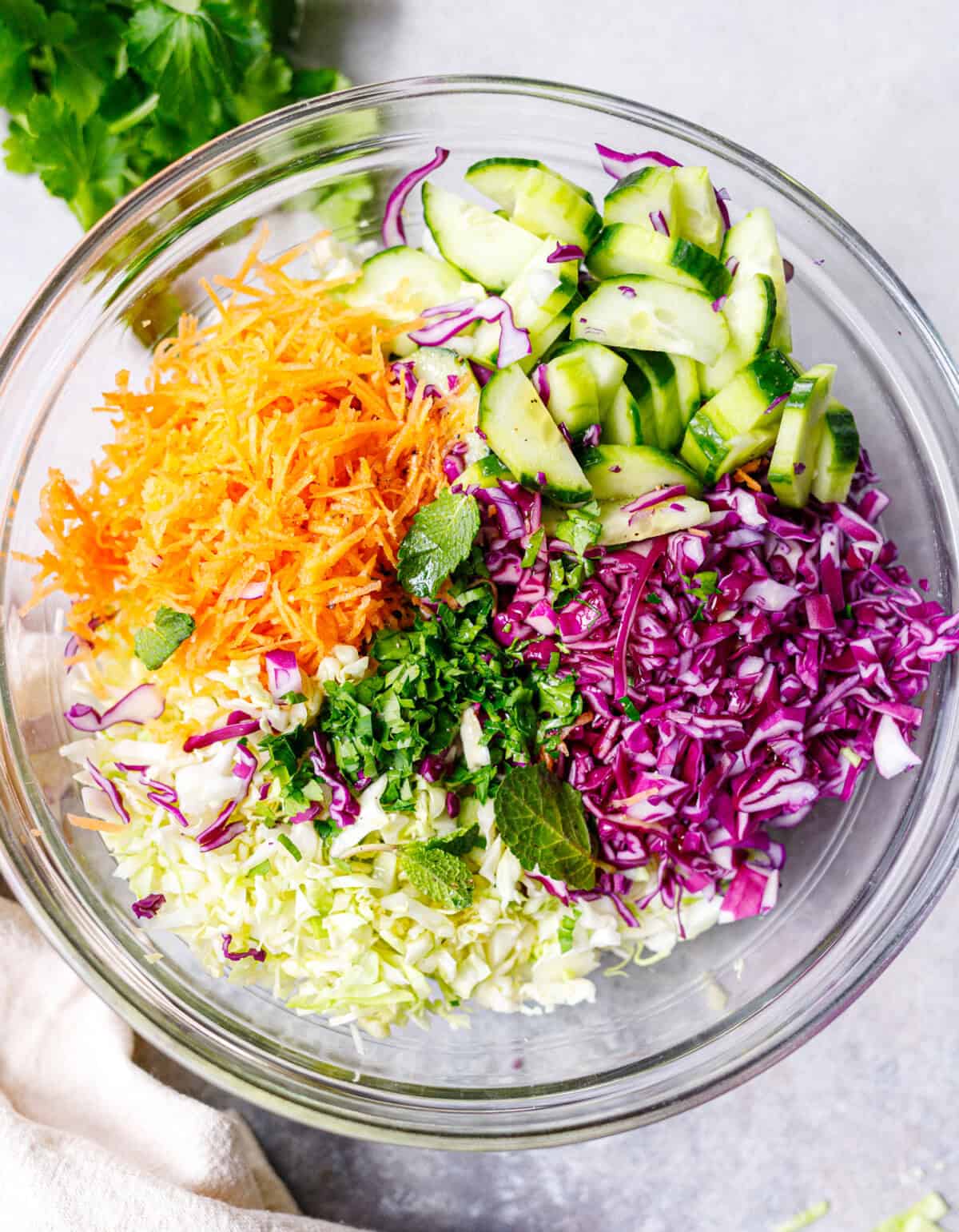 Close-up of cabbage salad ingredients with cucumber slices, shredded carrots, green and purple cabbage, and parsley