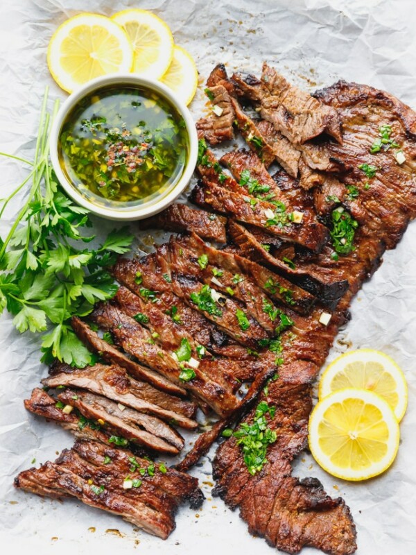 grilled skirt sweat cut across the grain and toped with chimichurri