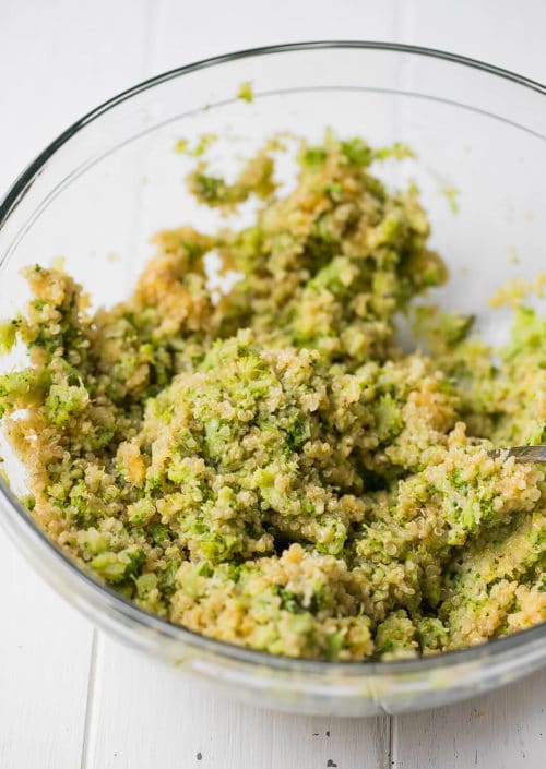 Broccoli quinoa fritters mixture in a bowl