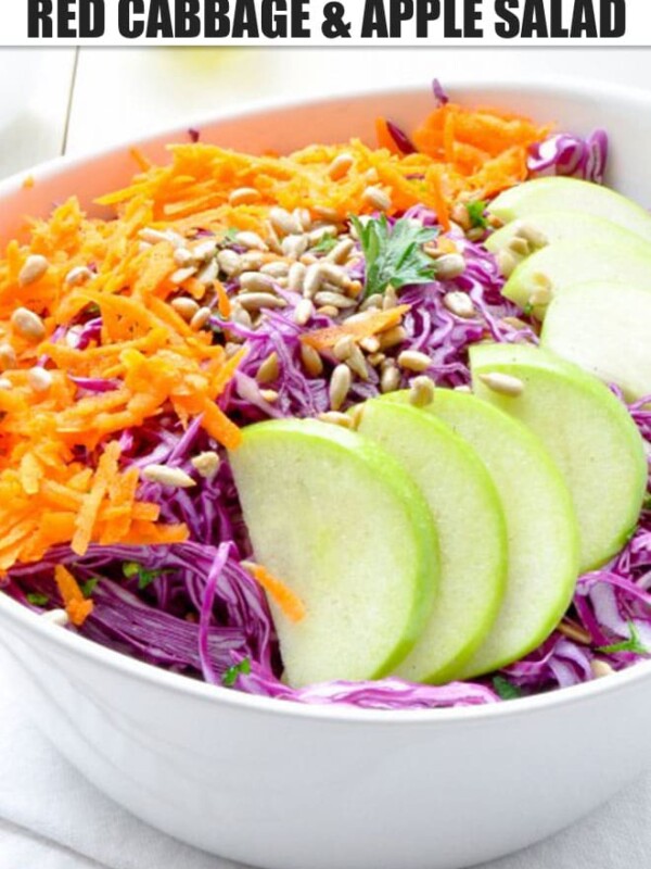 Purple Cabbage and Green Apple Salad in a white ceramic bowl