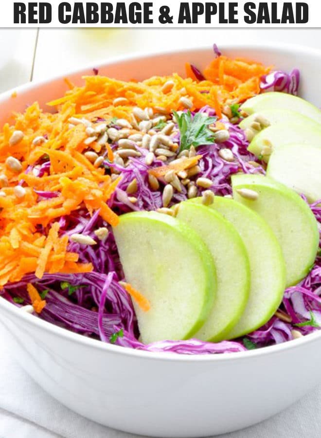 Purple Cabbage and Green Apple Salad in a white ceramic bowl