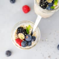 Overnight oats in a ja with berries on top