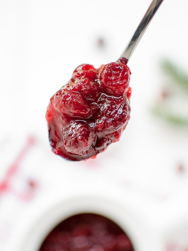 A spoon full of easy homemade cranberry sauce
