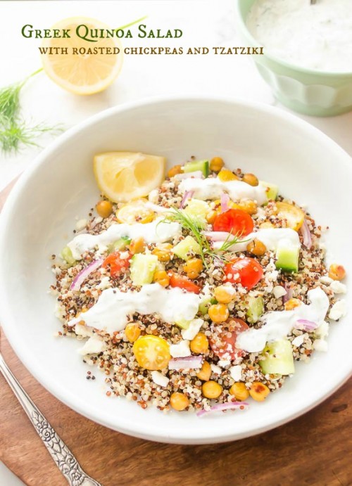 GREEK QUINOA SALAD WITH ROASTED CHICKPEAS AND TZATZIKI