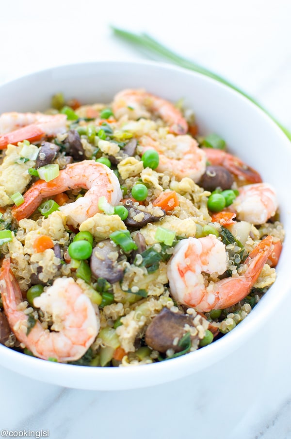 Shrimp Fried Quinoa Bowl, colorful and appetizing Asian dish.