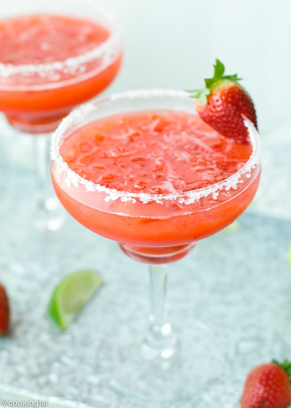 Easy Fresh Strawberry Margarita, made in a blender with Patron and fresh strawberries