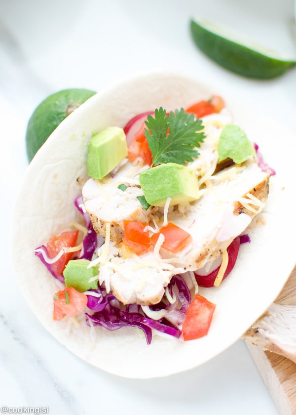 Tequila Lime Chicken Tacos on a cutting board