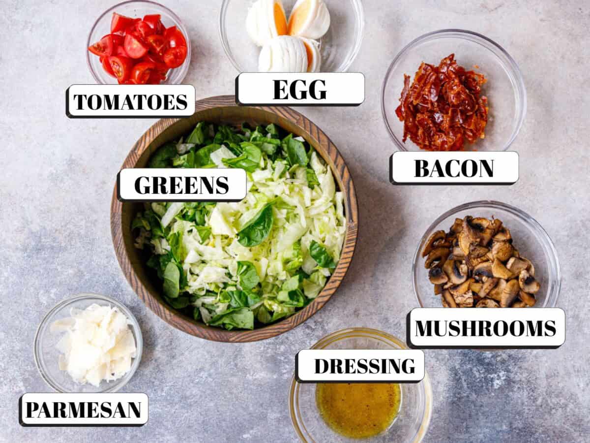 Labeled ingredient breakdown for mushroom salad: tomatoes, greens, bacon, mushrooms, eggs, Parmesan, and dressing.