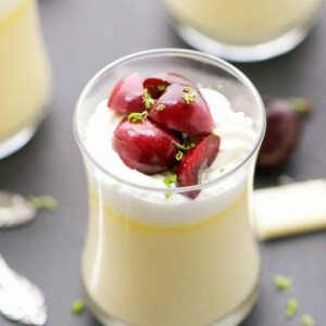Made in Blendtec Blender White-Chocolate Pots De Creme In Small Cups With Cherries And Whipped Cream