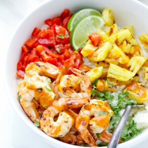 Caribbean spicy grilled shrimp cauliflower rice pineapple-el-yucateco