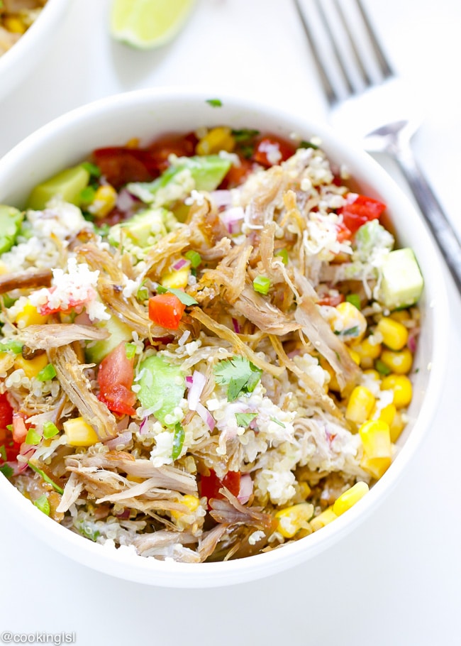 Easy Dinner Ideas - Pulled Pork Quinoa Bowls, colorful, digger into with fork.