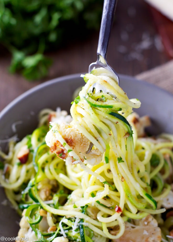 Time for a very simple and healthier meal - zucchini noodles with roasted cauliflower and parmesan cheese.
