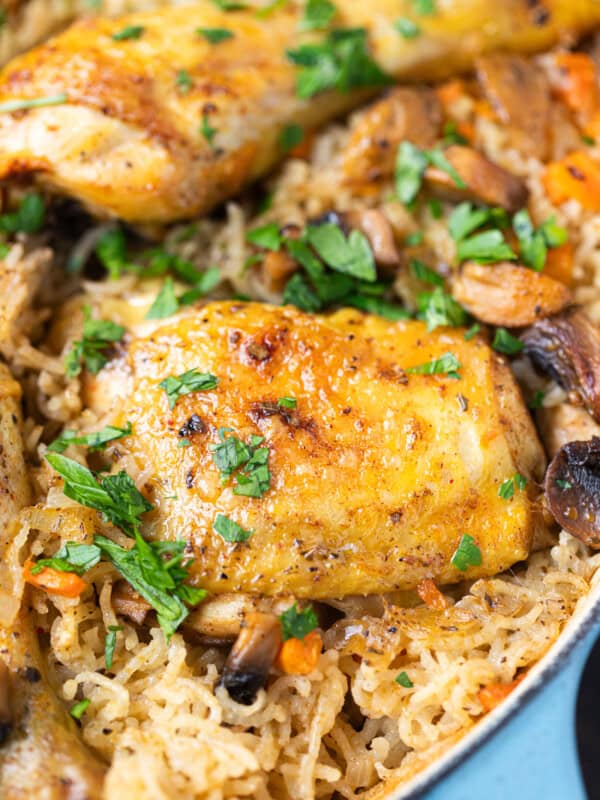 A cast iron pan with juicy chicken and rice