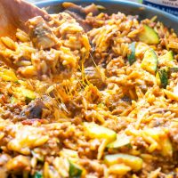 Orzo in one pan, melty cheese, With-Meaty-Sauce-Zucchini-and-Mushrooms-Recipe
