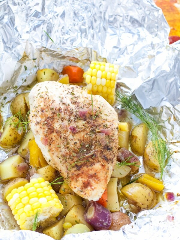 Grilled chicken breast and potatoes in foil, easy to make, great for summer. Served in foil packet.