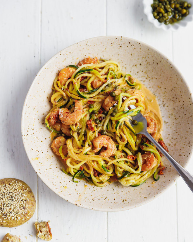 Zucchini noodles with shrimp in a bowl