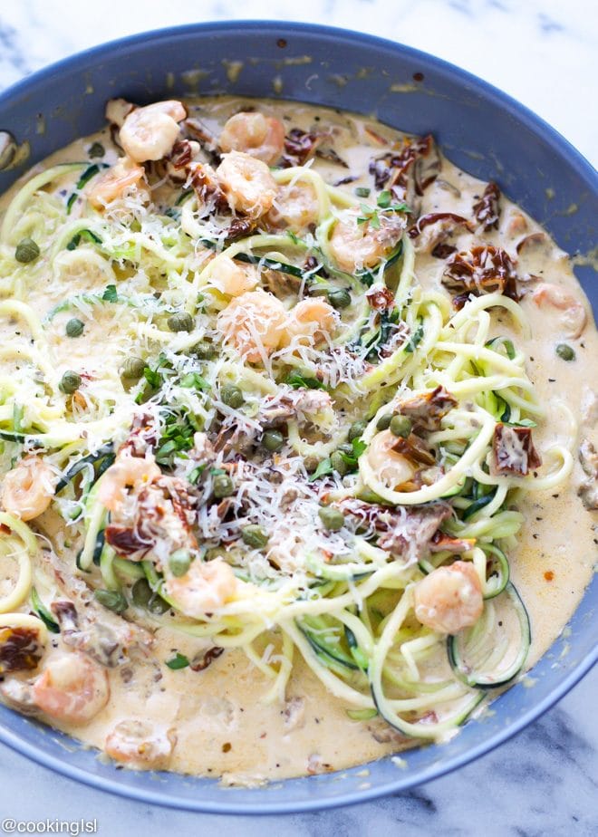one pan healthy zucchini noodles sun dried tomato sauce and parmesan cheese, zoodles, crispy