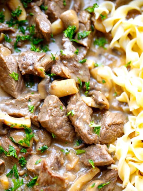 beef stroganoff in a pan with noodles