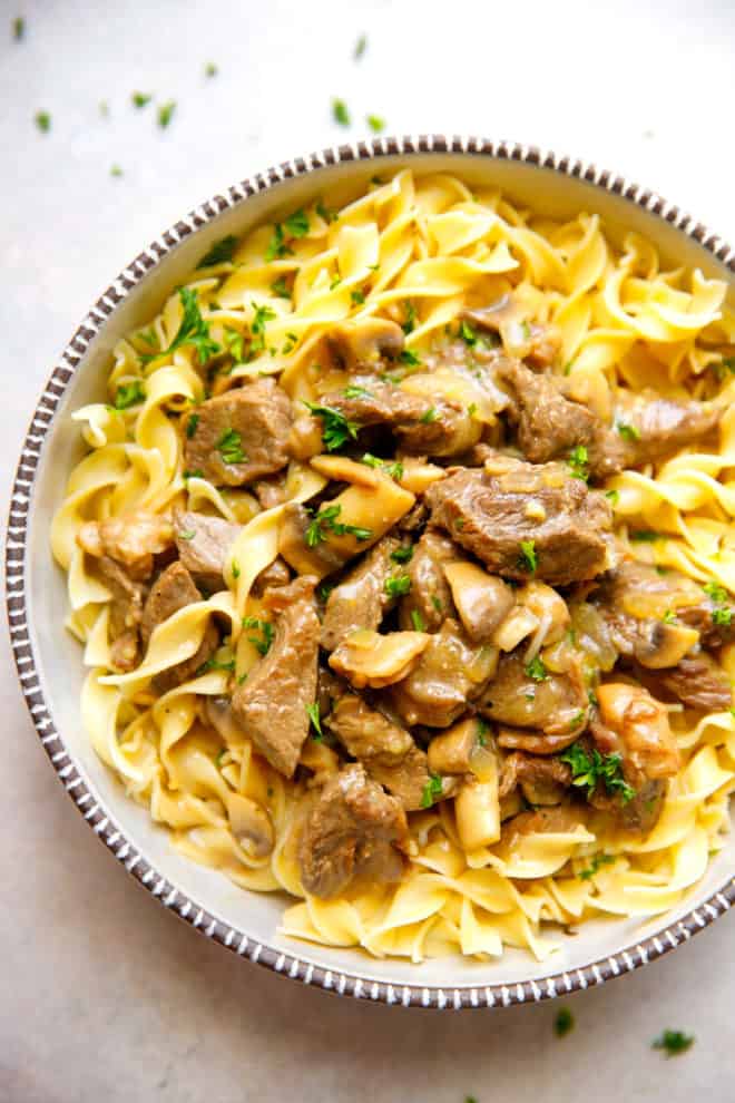 Beef stroganoff with noodles in a bowl
