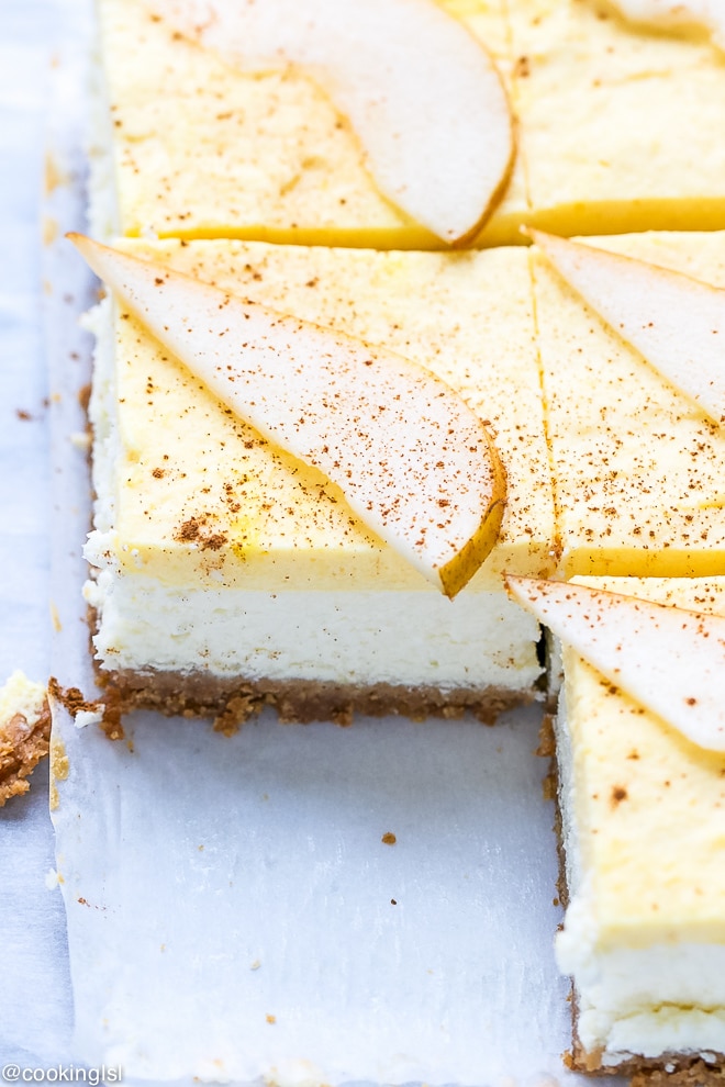 cheesecake with pear mousse layer cut into squares