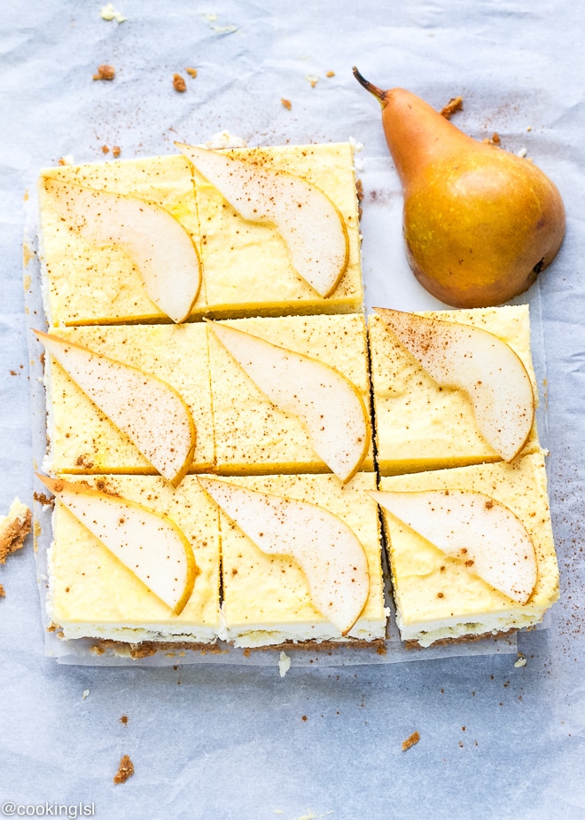 Pear cheesecake cut into squares 