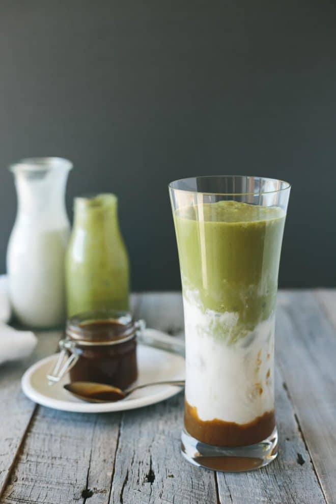 iced matcha and salted caramel latte