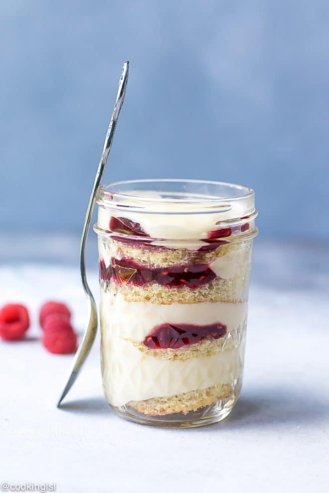 Cake In A Jar layered with raspberry preserves