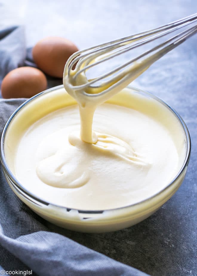 Lightened Up Pastry Cream in a bowl with a whisk