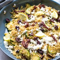 Orzo With Zucchini, Sun Dried Tomatoes and feta, made in one skillet