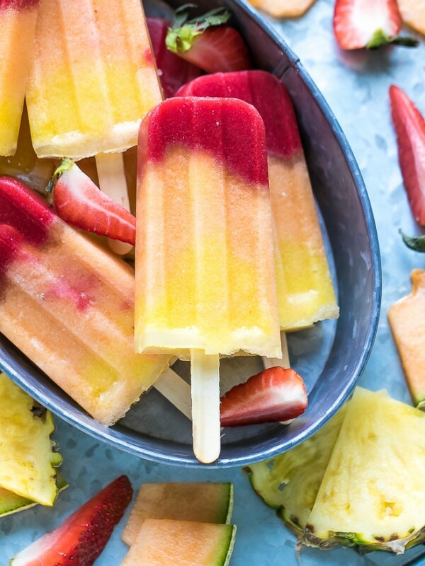 Pineapple Strawberry Cantaloupe Popsicles fruity colorful FUN and delicious