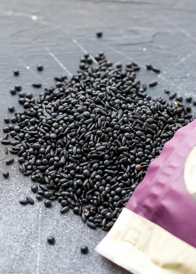 a mix of black rice, black quinoa and black lentils- healthy grain blend