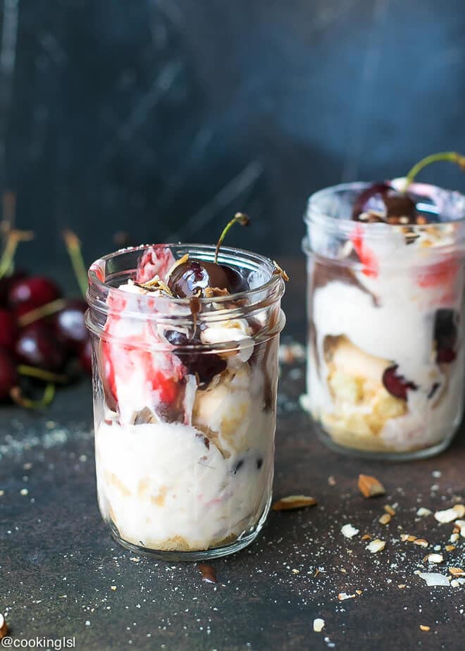 Cherry Sundae Recipe - Blue Bunny® Cherrific Cherry Cheesecake ice cream in a small mason jars, easy to make and freeze, for an after school snack.