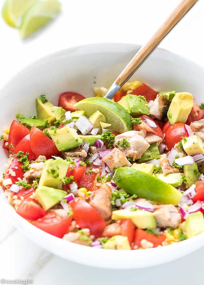 Grilled Chicken Quinoa Corn Salad Recipe - a white porcelain salad bowl, full with nutritious summer salad, colorful, easy to make, grilled chicken and corn, combined with quinoa, fresh tomatoes and avocado.