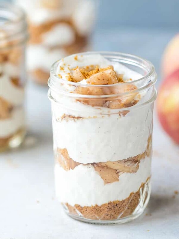 Healthy No Bake Apple Pie Cheesecake In A Jar Recipe. Cinnamon (apple pie spice) topping. Quick to make, healthy and convenient.