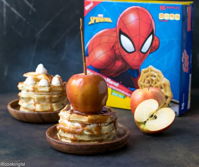 Caramel Apple Waffle Cake Recipe. Stack pf waffles with caramel apple on top. Made with Kellogg's® Eggo® Spider-Man Mixed Berry Marvel, 16 ct.