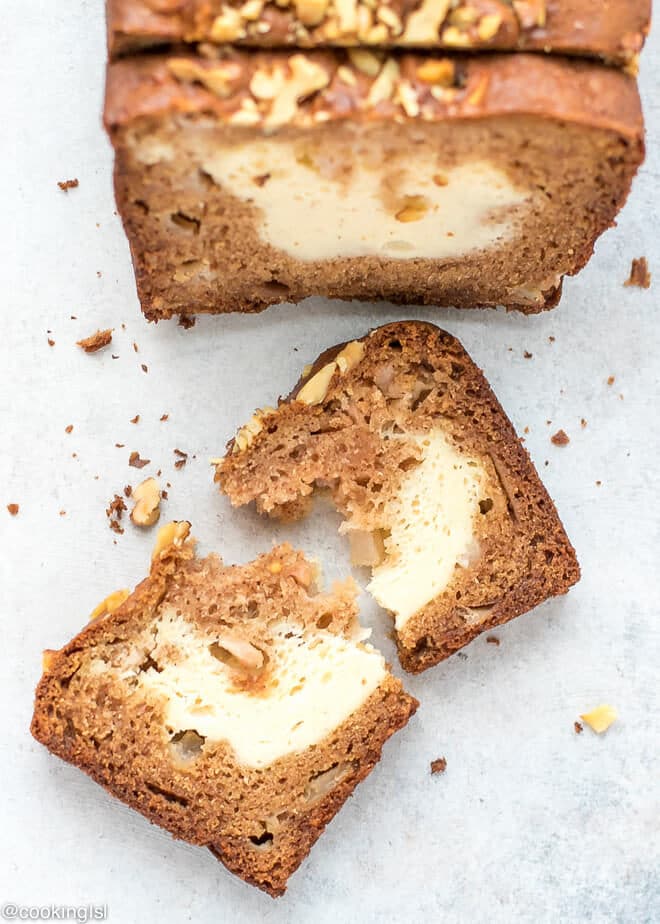 Cream Cheese Filled Apple Bread Recipe -slices of moist apple bread on a plate