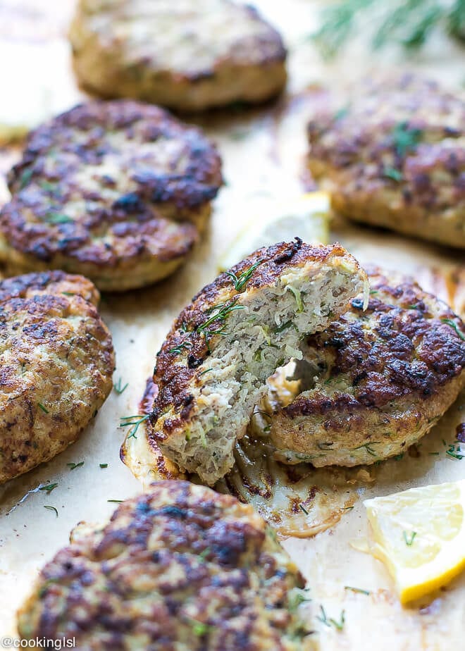 Oven Baked Turkey Zucchini Burgers Recipe. Cut in half, juicy inside. Served on a burger bun, or with your favorite sauce.
