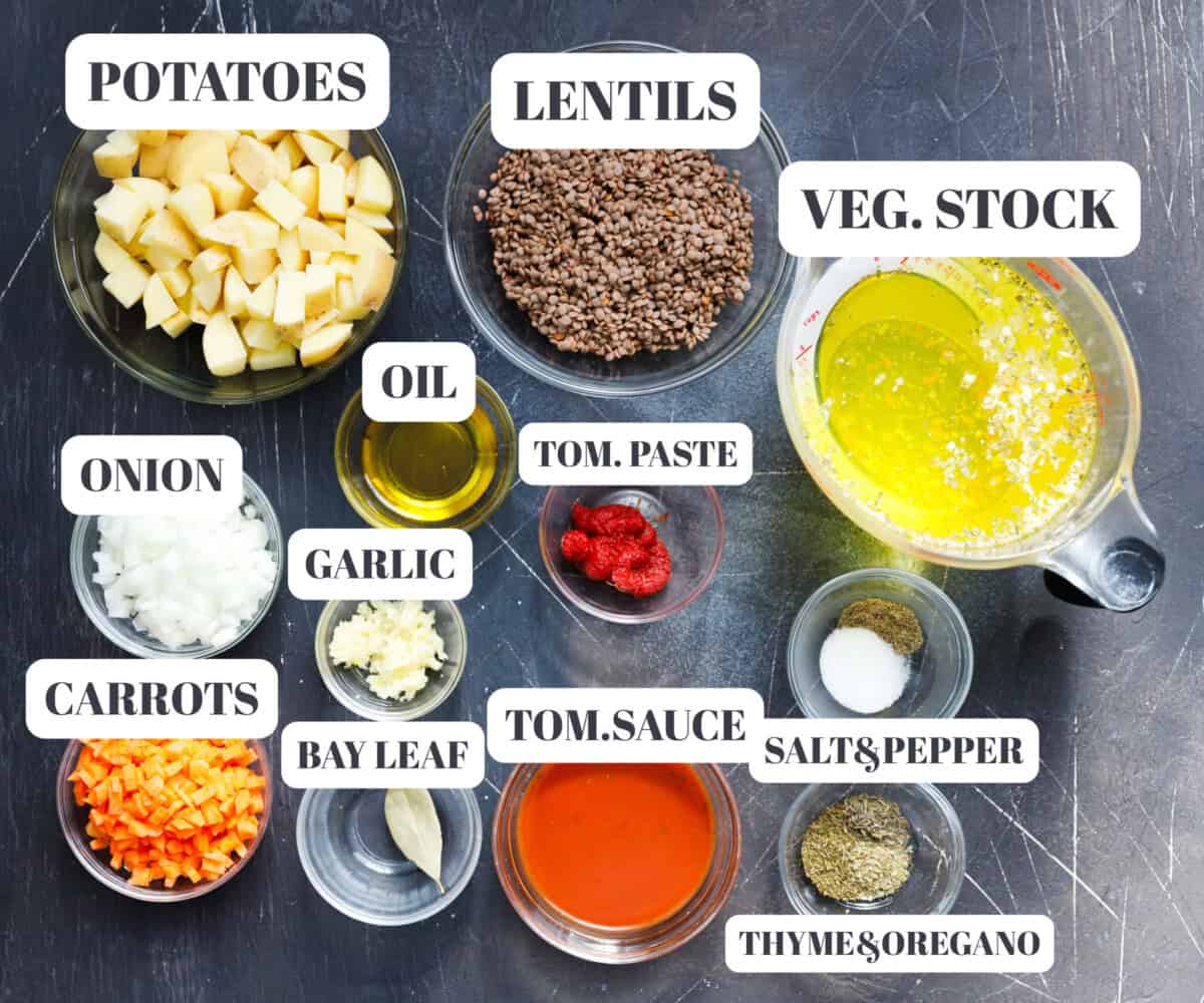 Clear glass bowls with ingredients for Lentil potato soup