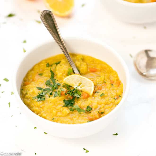 Middle Eastern Lentil Soup Recipe, yellow color made with red lentils.